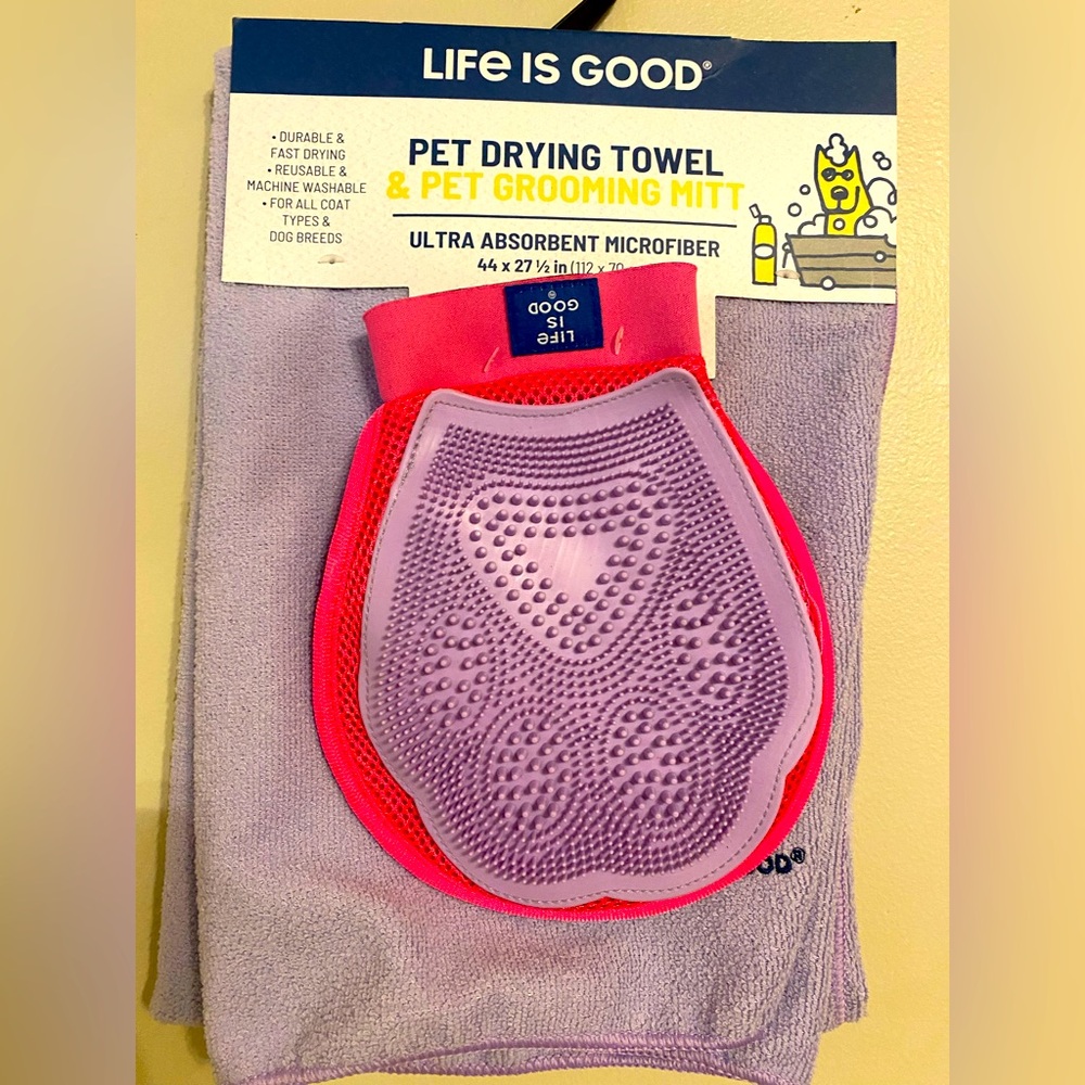 Life Is Good Purple Towel and Pink Grooming Mitt Set